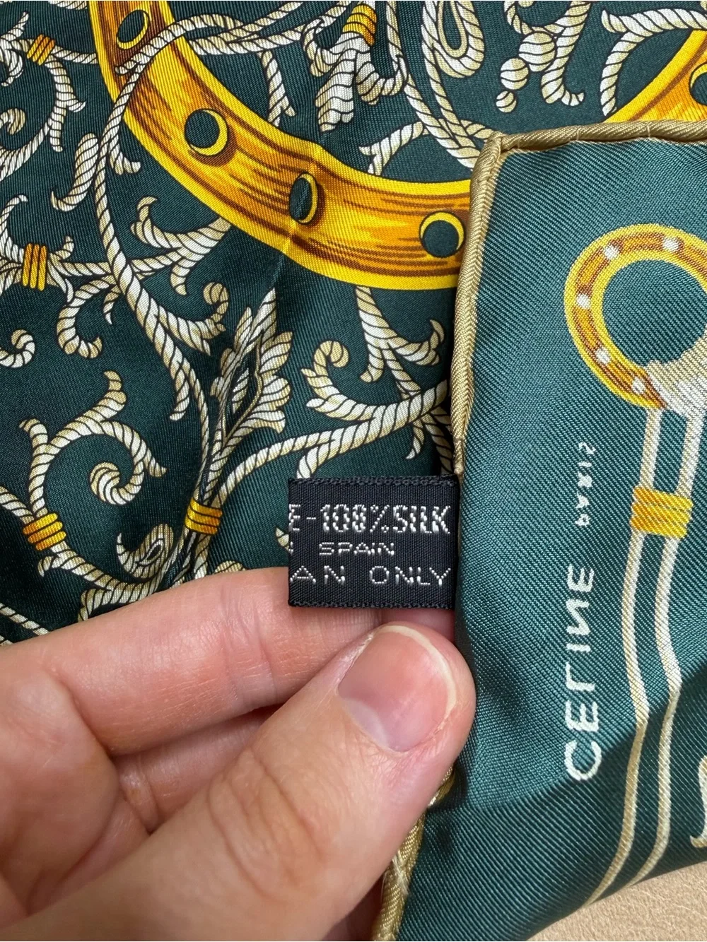 Celine Paris Silk Scarf - Deep Green with Gold